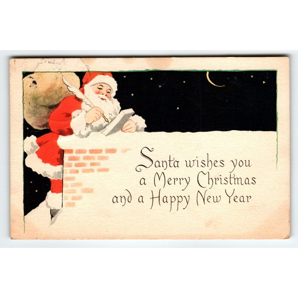 Santa Claus Christmas Postcard Chimney Top Moon Stars 1924 Health Stamp Gibson